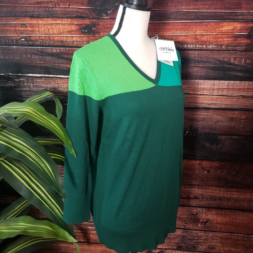 NWT Bob Mackie XS Sweater Knit Top Color Block Cutout Green 3/4 Sleeves Art - Picture 2 of 10